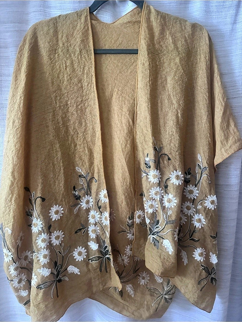 Mustard Daisy Floral Embroidered Open-Front Duster
